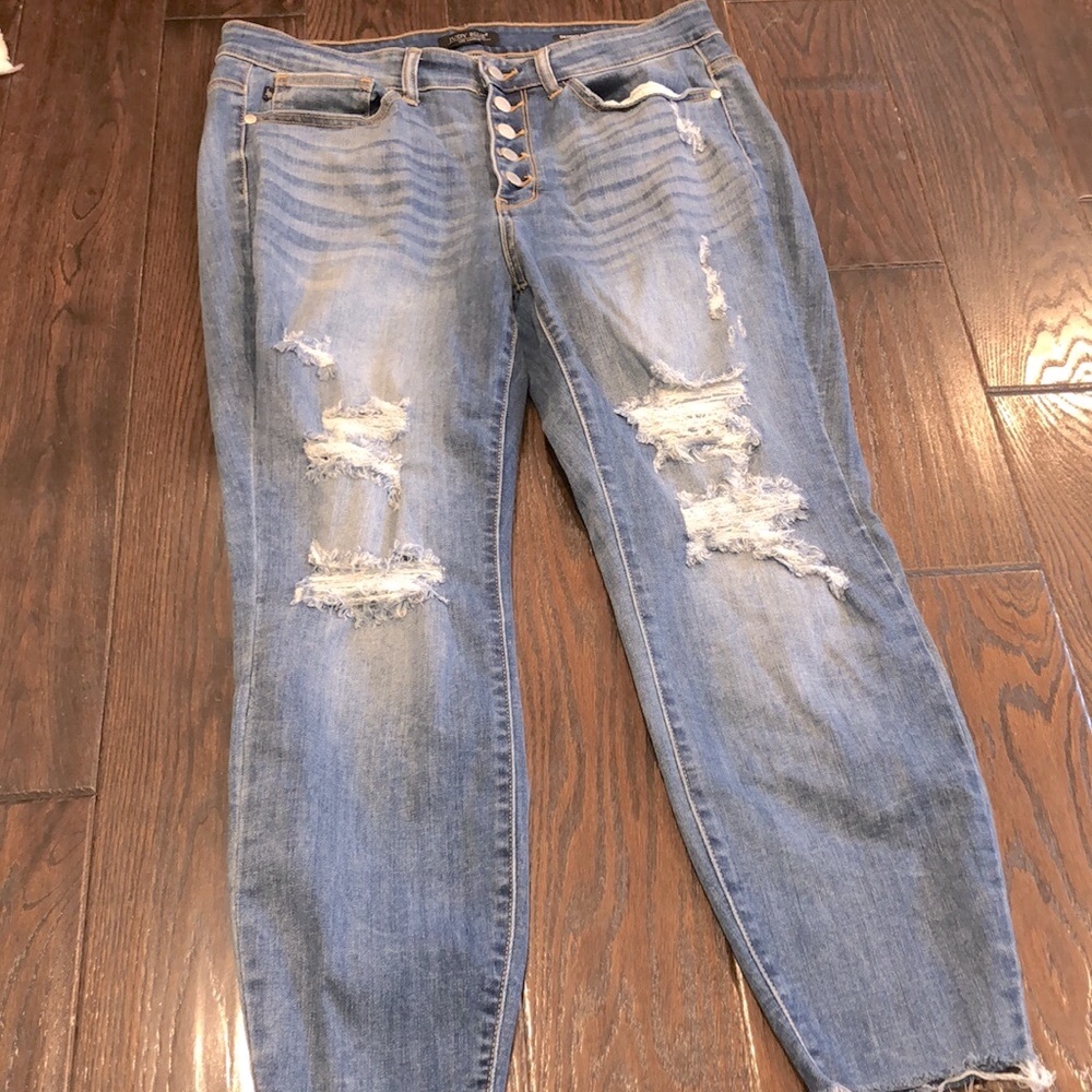 Judy Blue exposed button fly skinny jeans distressed size 14W - Picture 5 of 8